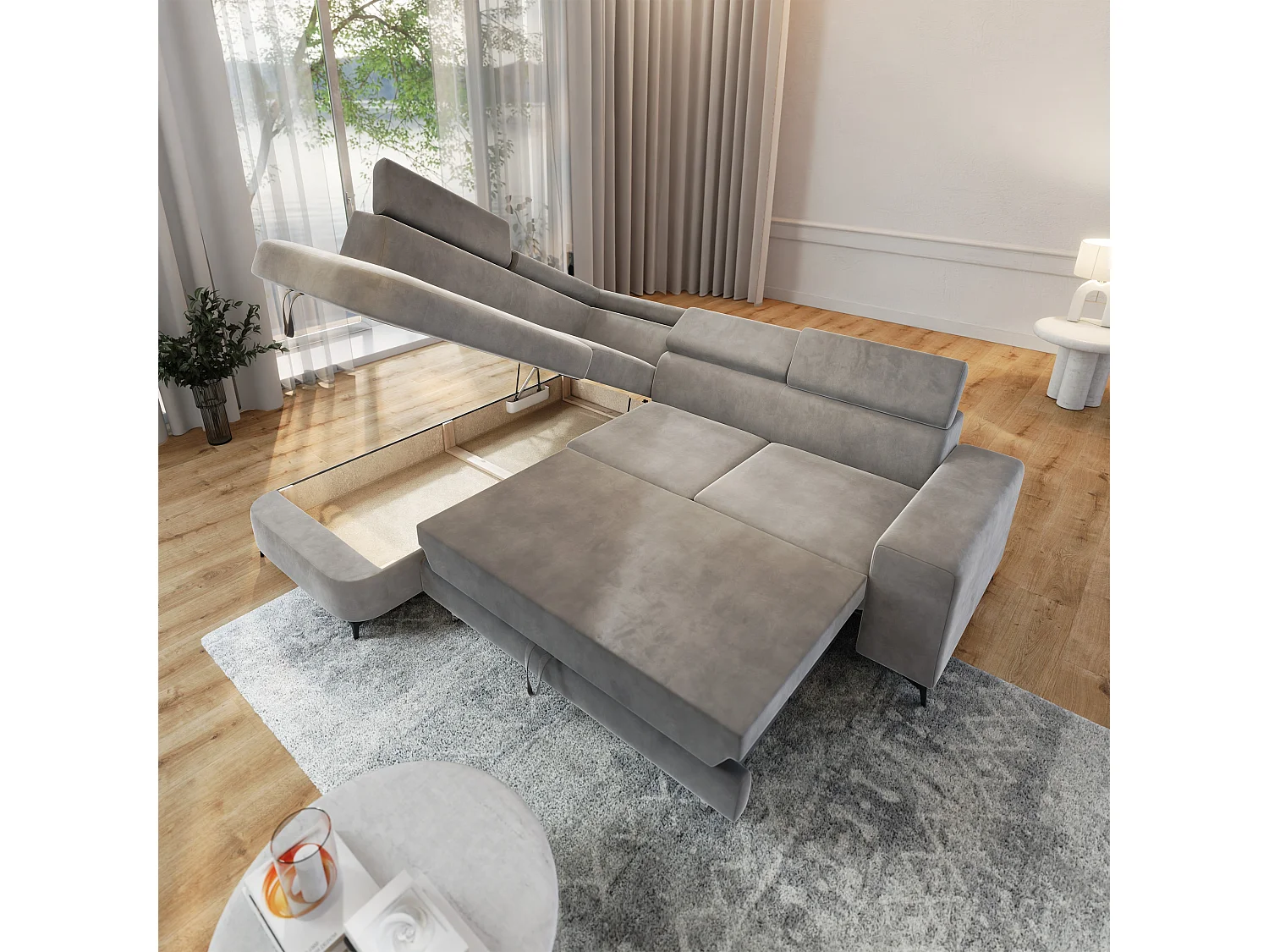 Hoekbank ALVORO van fluweel met slaapfunctie Hellgrau