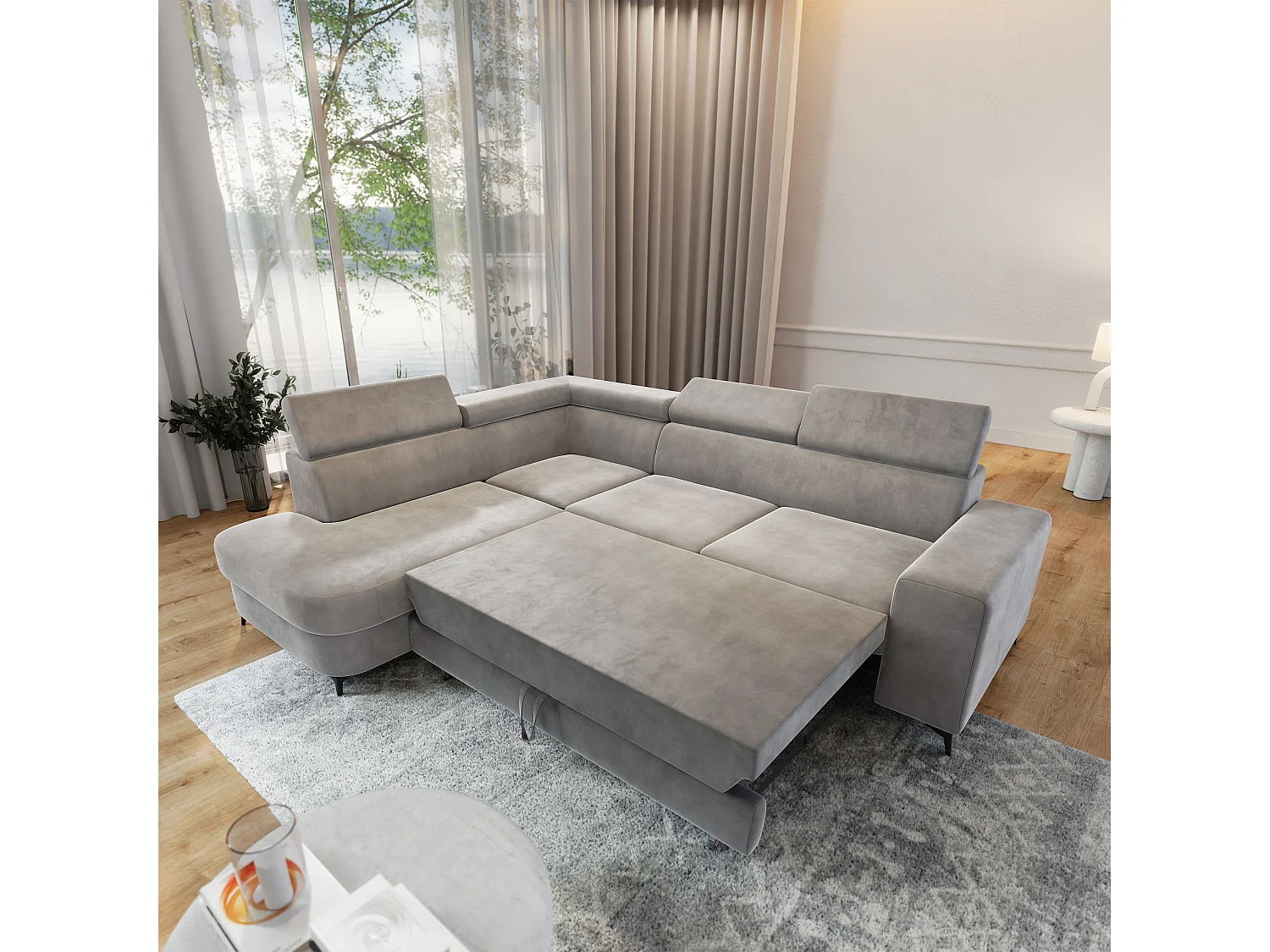 Hoekbank ALVORO van fluweel met slaapfunctie Hellgrau