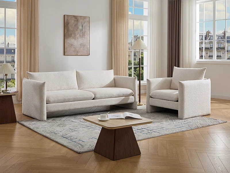 Canapé 3 places et fauteuil en tissu chenille beige GORAZI