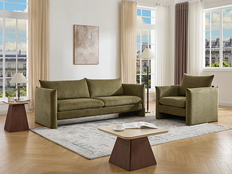 Canapé 3 places et fauteuil en tissu chenille vert GORAZI