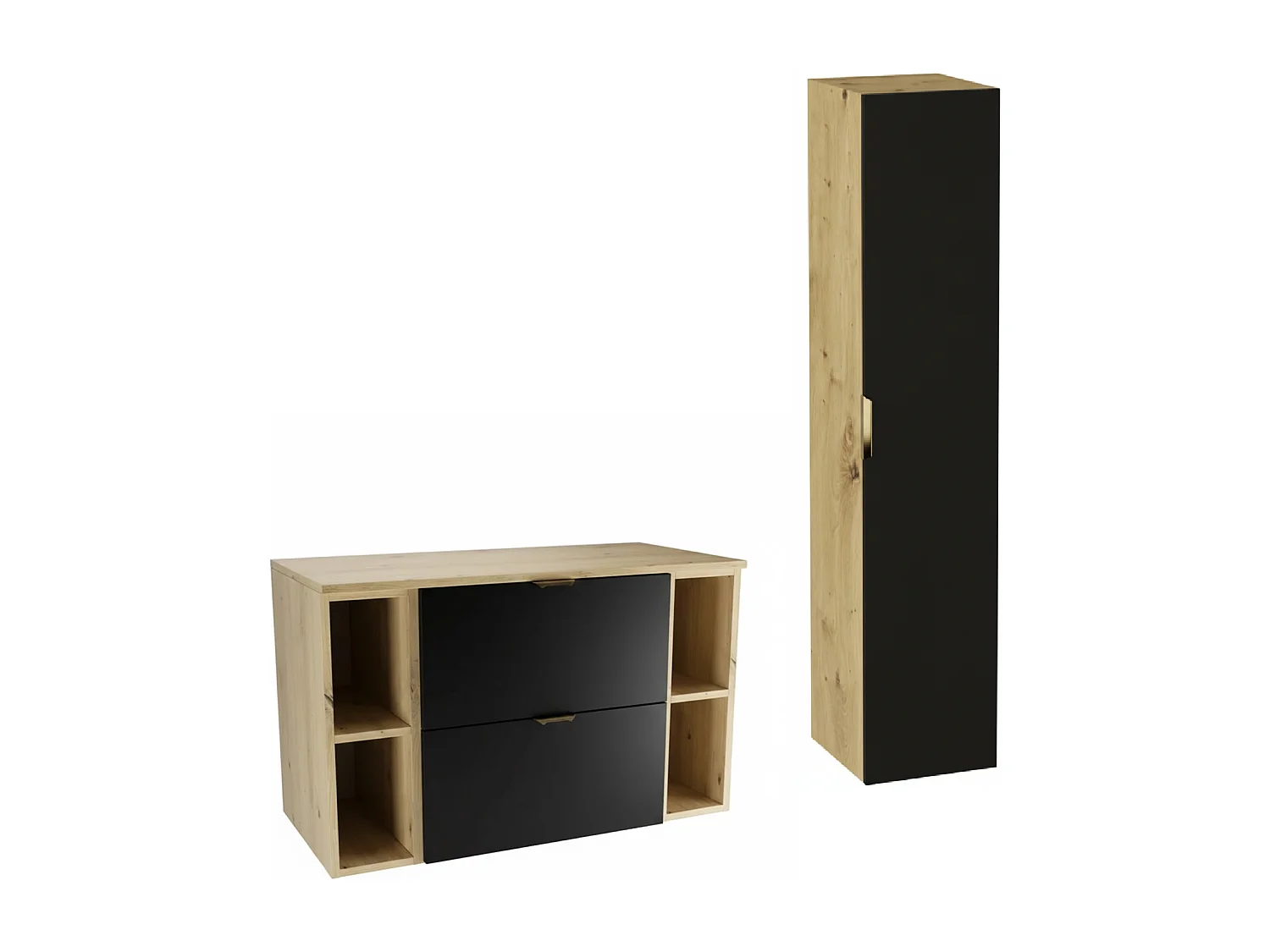 Badezimmer-Set 100 cm Schrank mit Arbeitsplatte Regale Säule Eiche Artisan / Schwarz Orio