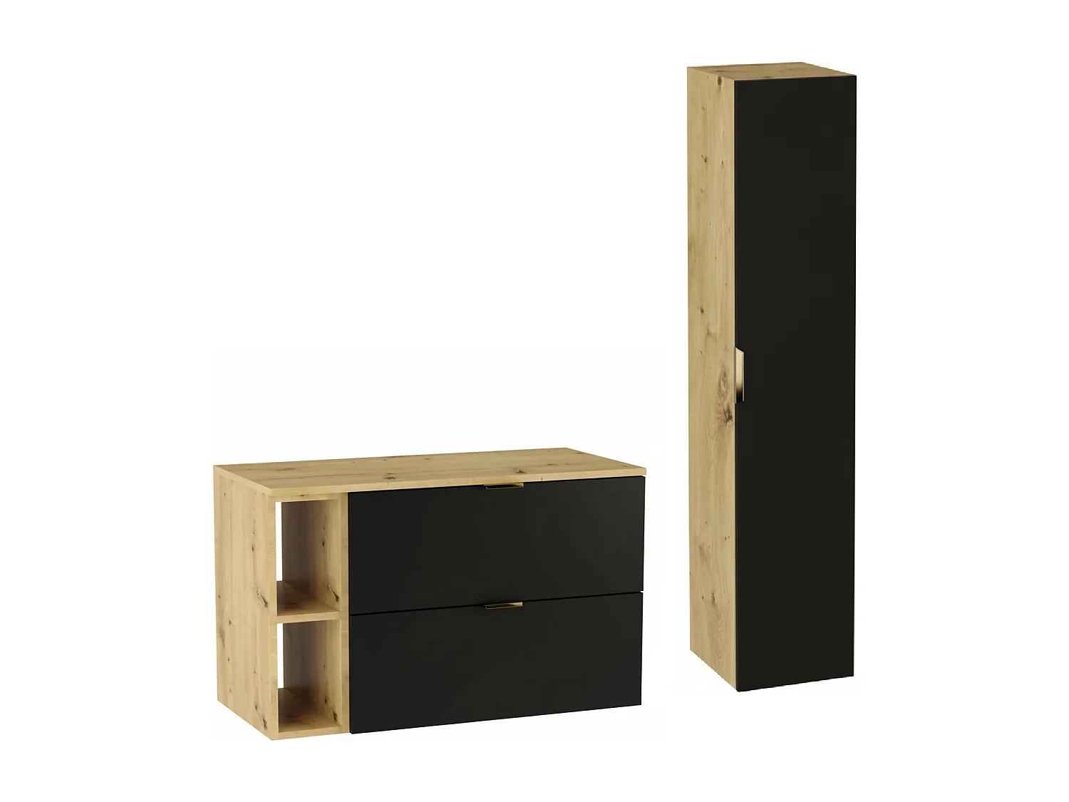 Badezimmer-Set 100 cm Schrank mit Arbeitsplatte Regal Säule Eiche Artisan / Schwarz Orio