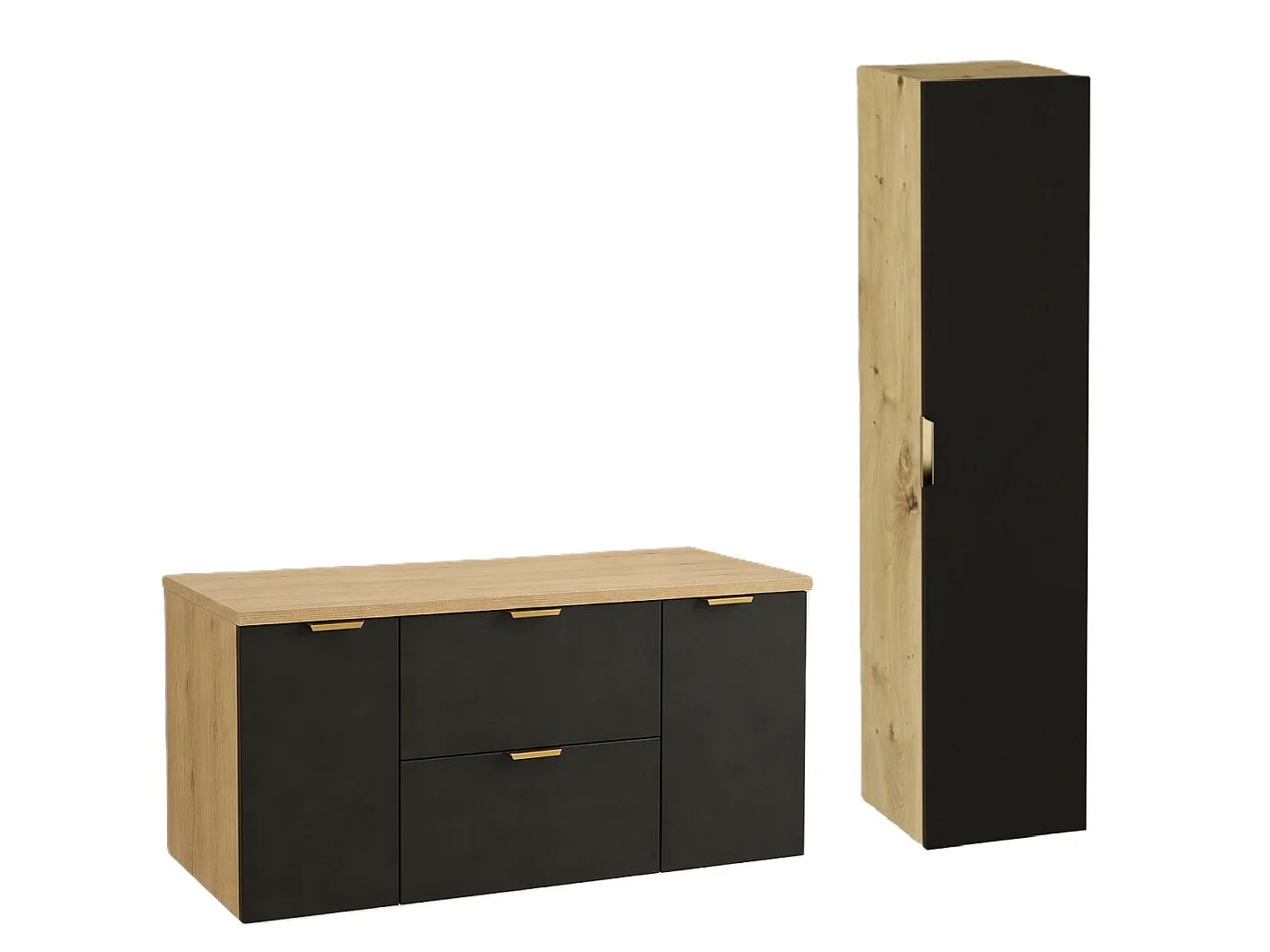 Badezimmer-Set 120 cm Schrank mit Waschtisch Säule Eiche Artisan / Schwarz Orio