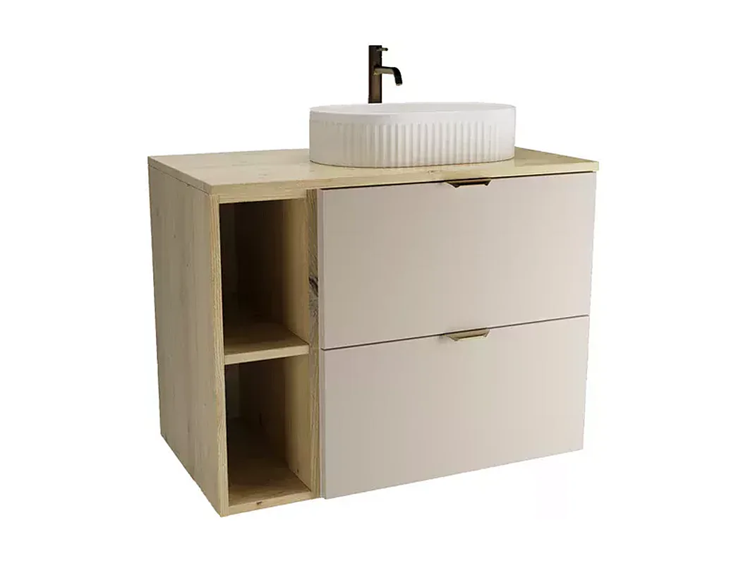 Conjunto para baño 80 cm Armario con encimera, estantería y lavabo Roble Artisan / Cachemira Orio