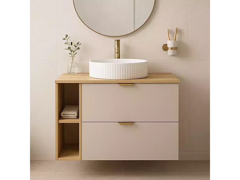 Conjunto para baño 80 cm Armario con encimera, estantería y lavabo Roble Artisan / Cachemira Orio