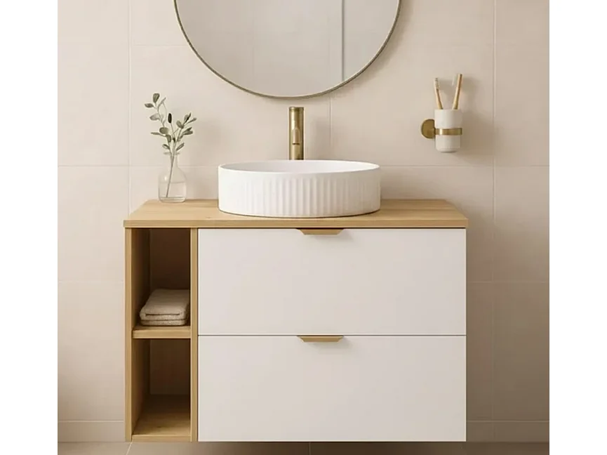 Badkamerset 80 cm Kast met blad, plank en wastafel Eiken Artisan / Wit Orio