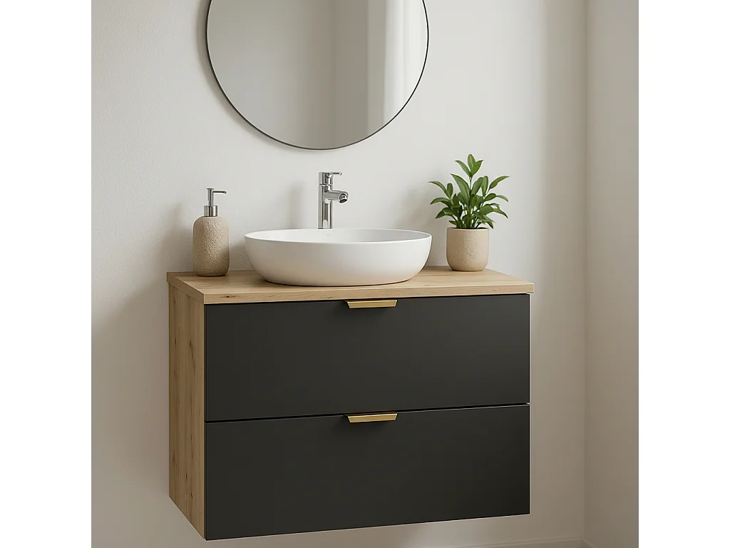 Meuble sous lavabo avec plan de travail 80 cm, 2 tiroirs, chêne Artisan / noir Orio