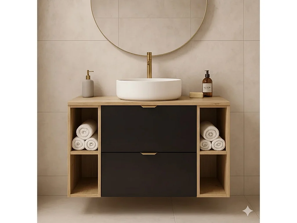 Ensemble pour salle de bain 100 cm Armoire avec plateau et étagères Chêne Artisan / Noir Orio