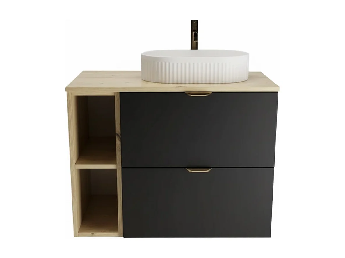 Ensemble pour salle de bain 80 cm Armoire avec plateau, étagère et lavabo Chêne Artisan / Noir Orio