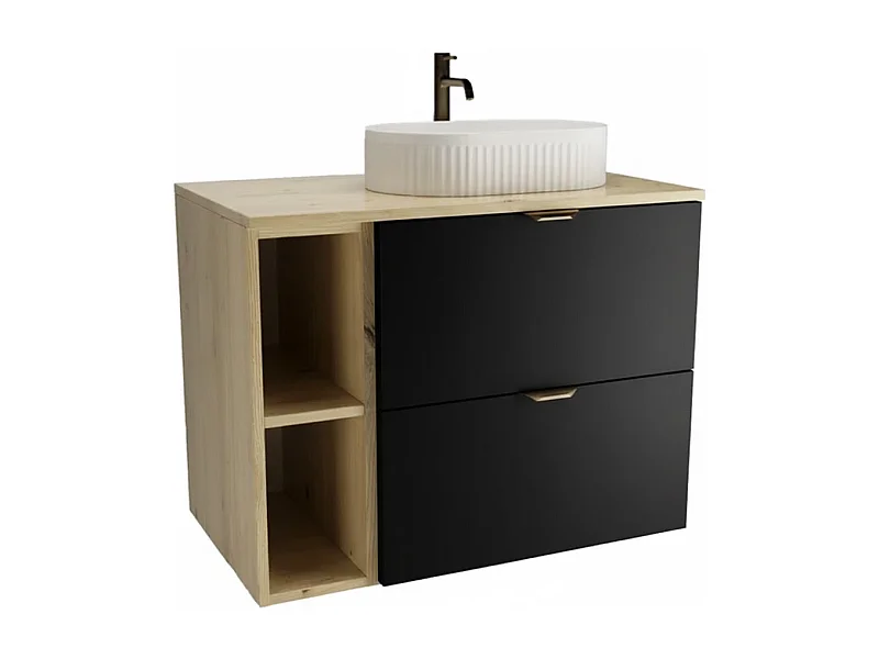 Ensemble pour salle de bain 80 cm Armoire avec plateau, étagère et lavabo Chêne Artisan / Noir Orio