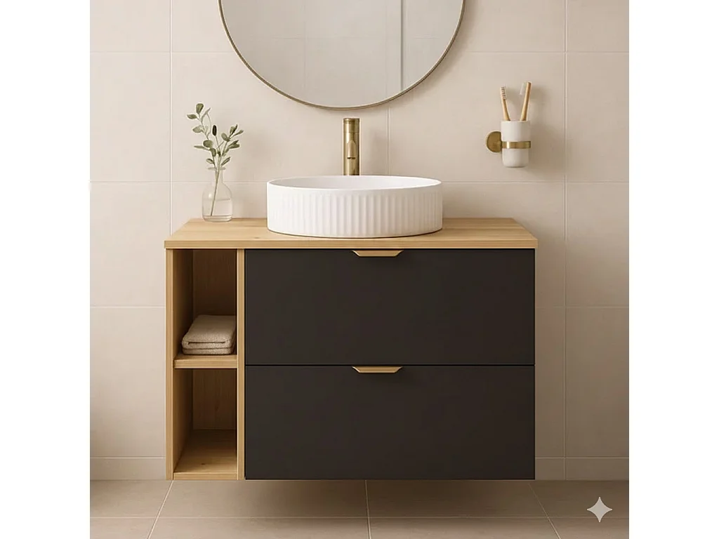 Ensemble pour salle de bain 80 cm Armoire avec plateau et étagère Chêne Artisan / Noir Orio
