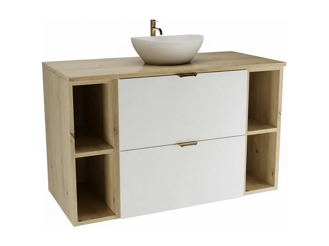 Badezimmer-Set 100 cm Schrank mit Arbeitsplatte und Regalen Eiche Artisan / Weiß Orio