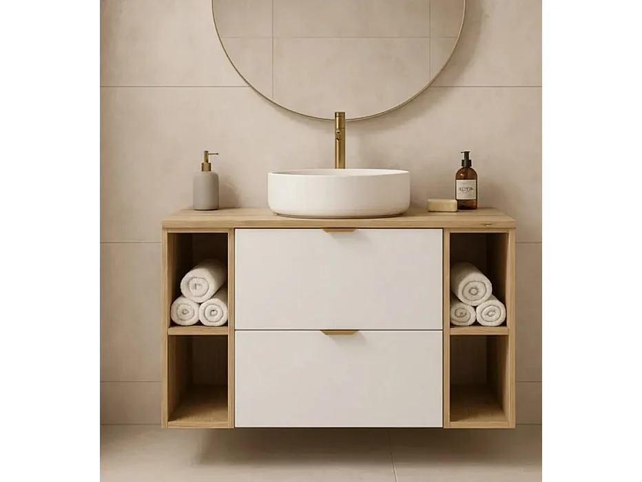 Conjunto para baño 100 cm Armario con encimera y estanterías Roble Artisan / Blanco Orio