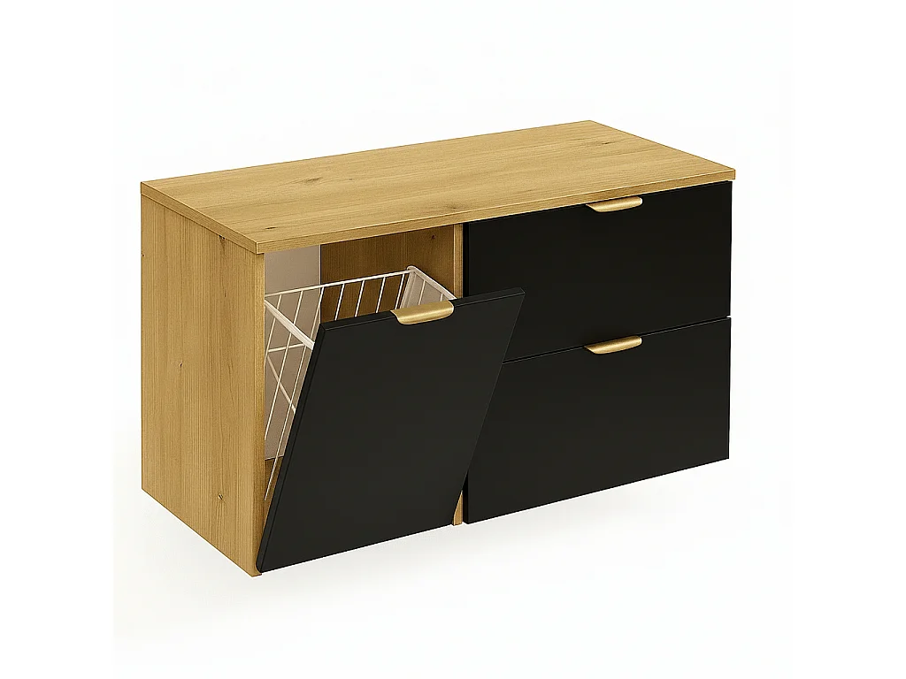 Ensemble pour salle de bain 120 cm Armoire avec plateau Armoire avec panier Étagère Chêne Artisan / Noir Orio