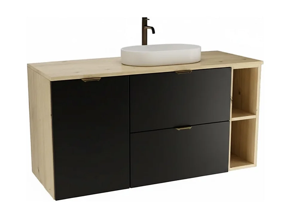 Ensemble pour salle de bain 120 cm Armoire avec plateau Armoire avec panier Étagère Chêne Artisan / Noir Orio