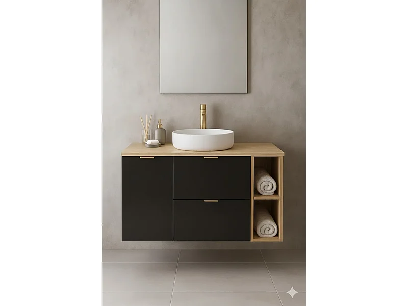 Ensemble pour salle de bain 120 cm Armoire avec plateau Armoire avec panier Étagère Chêne Artisan / Noir Orio