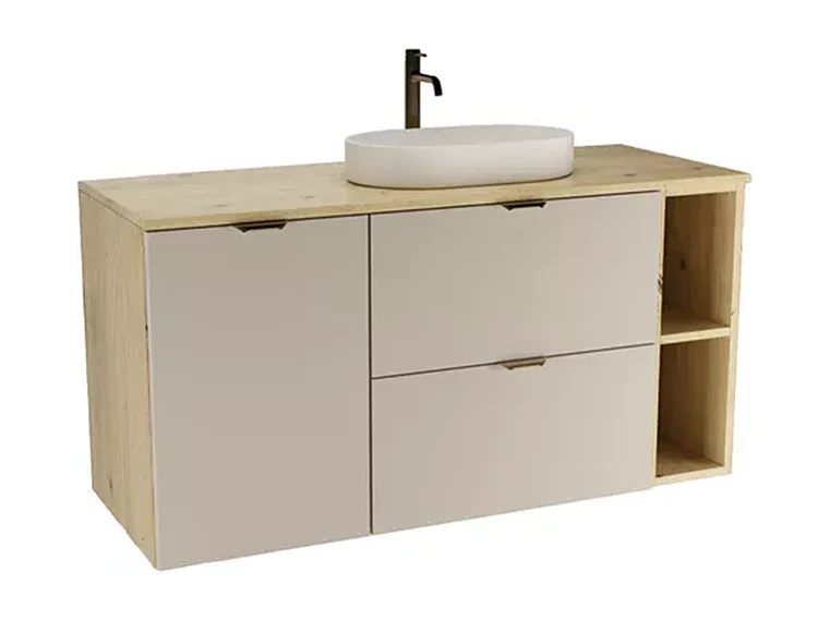 Badezimmer-Set 120 cm Schrank mit Arbeitsplatte Schrank mit Korb Regal Eiche Artisan / Kaschmir Orio