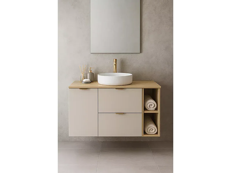 Badezimmer-Set 120 cm Schrank mit Arbeitsplatte Schrank mit Korb Regal Eiche Artisan / Kaschmir Orio