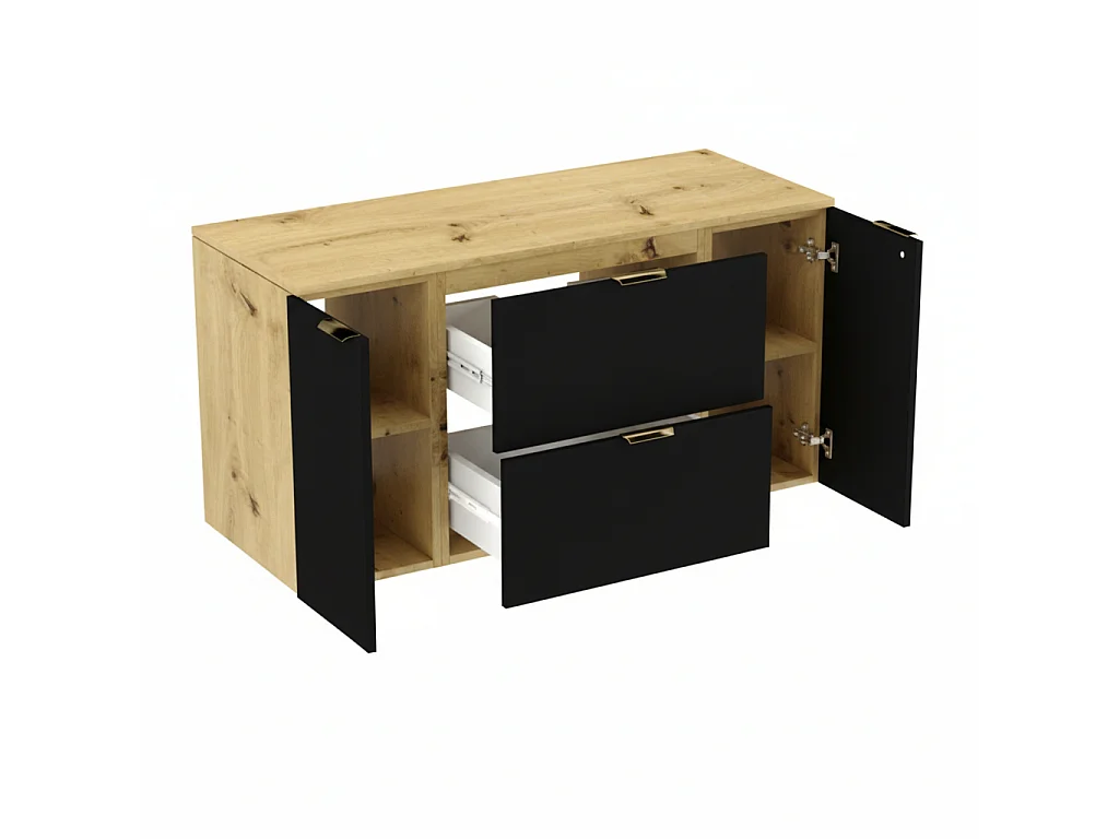 Meuble sous lavabo avec plan de travail 120 cm, 2 tiroirs, 2 portes, chêne Artisan / noir Orio