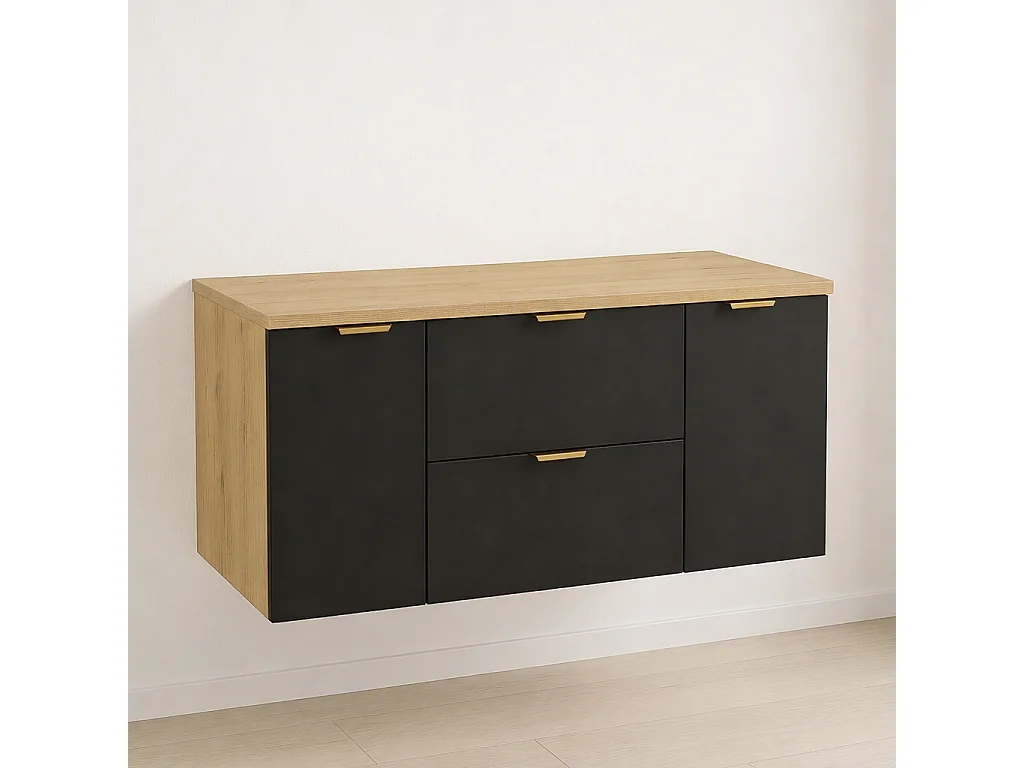 Meuble sous lavabo avec plan de travail 120 cm, 2 tiroirs, 2 portes, chêne Artisan / noir Orio