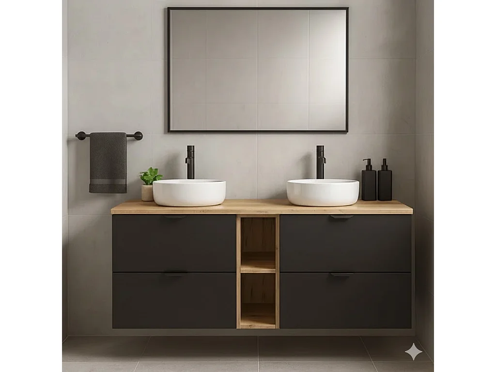 Conjunto para baño 140 cm Armario con encimera y estantería Roble Artisan / Negro Orio