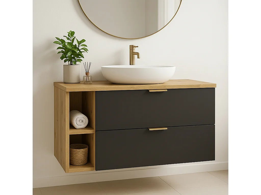 Ensemble pour salle de bain 100 cm Armoire avec plateau et étagère Chêne Artisan / Noir Orio