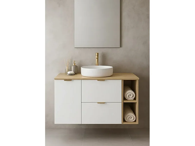 Badezimmer-Set 120 cm Schrank mit Arbeitsplatte Schrank mit Korb Regal Eiche Artisan / Weiß Orio