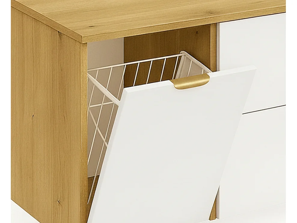 Badezimmer-Set 120 cm Schrank mit Arbeitsplatte Schrank mit Korb Regal Eiche Artisan / Weiß Orio