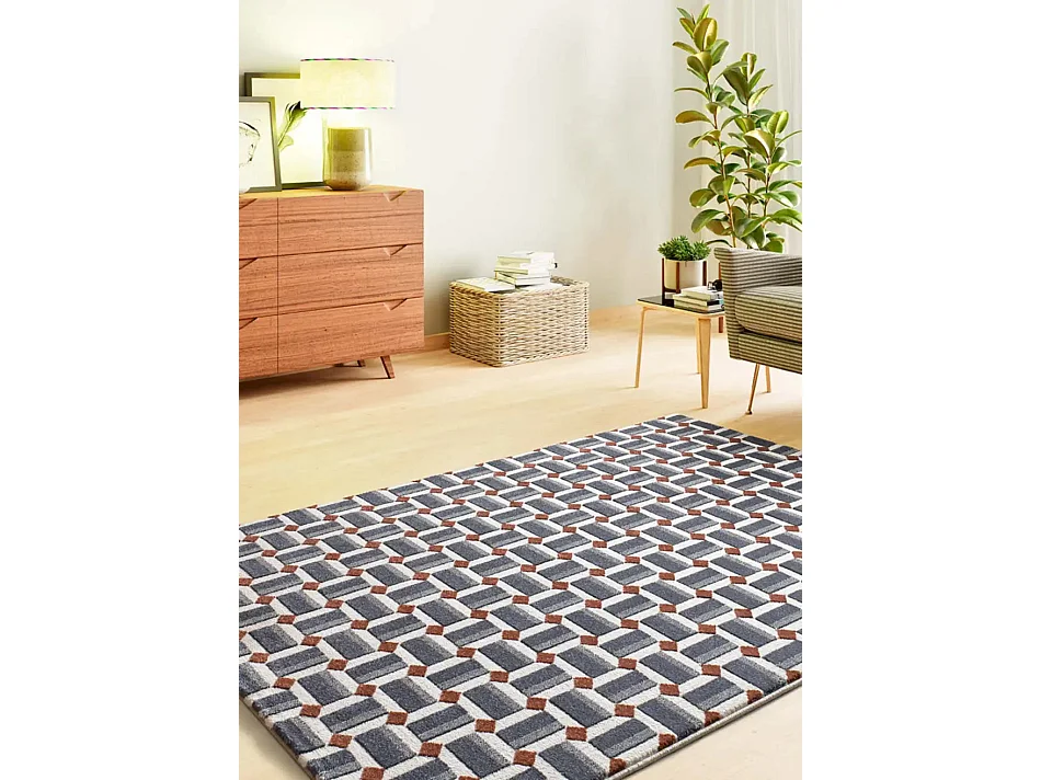 Tapis intérieur - géométrique avec relief - bleu / blanc - 200 x 290 cm - AMARA