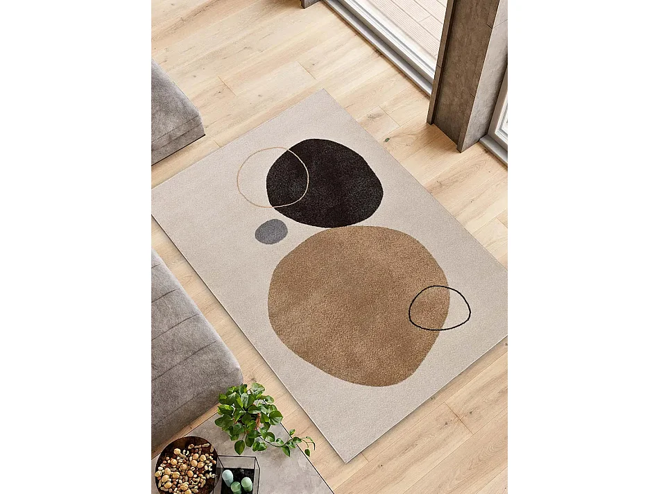 Laagpolig tapijt - organische vormen - beige / zwart - 80x150 cm - LESSIA