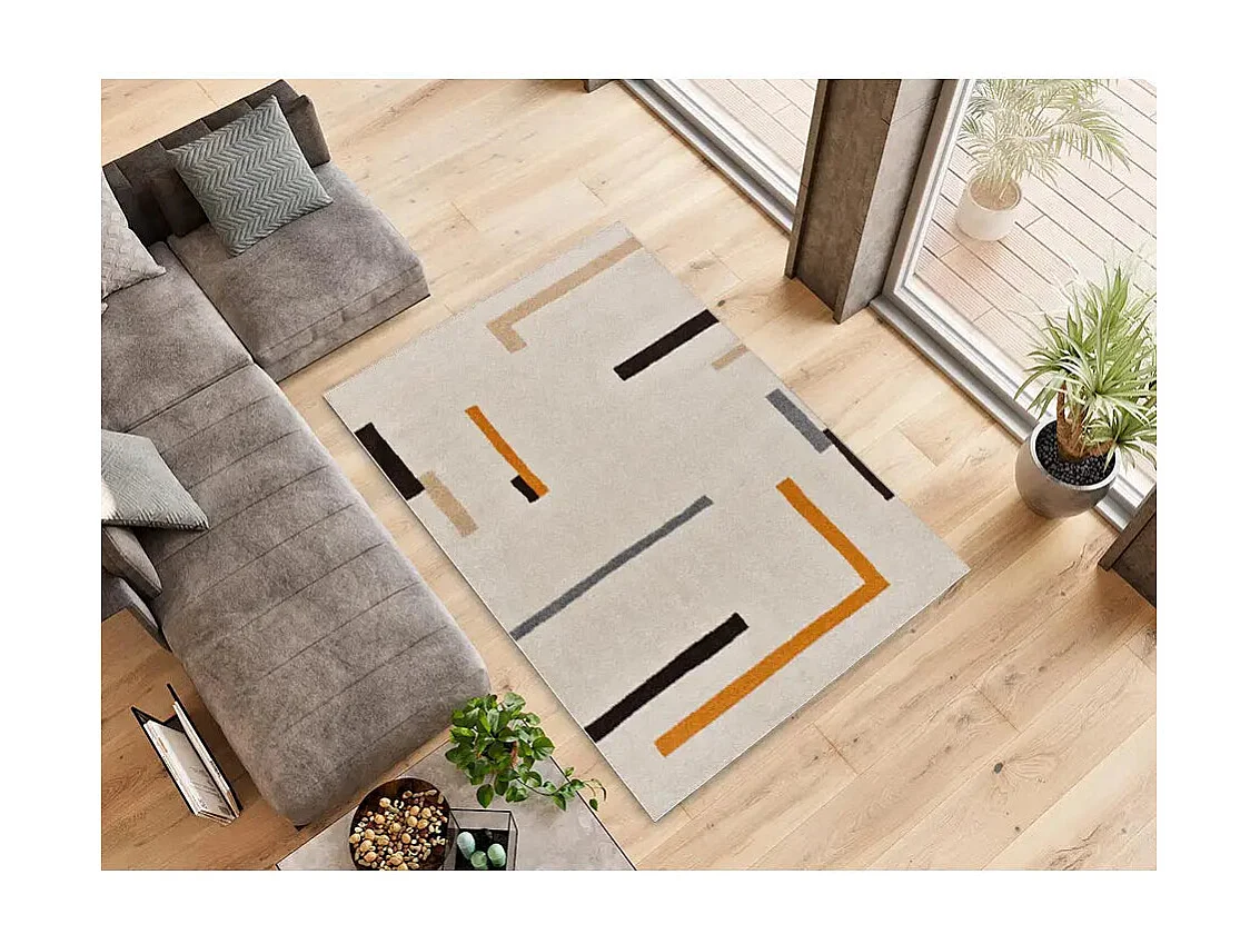 Kurzflorteppich - geometrisch - beige / orange - 80x150 cm - LESSIA