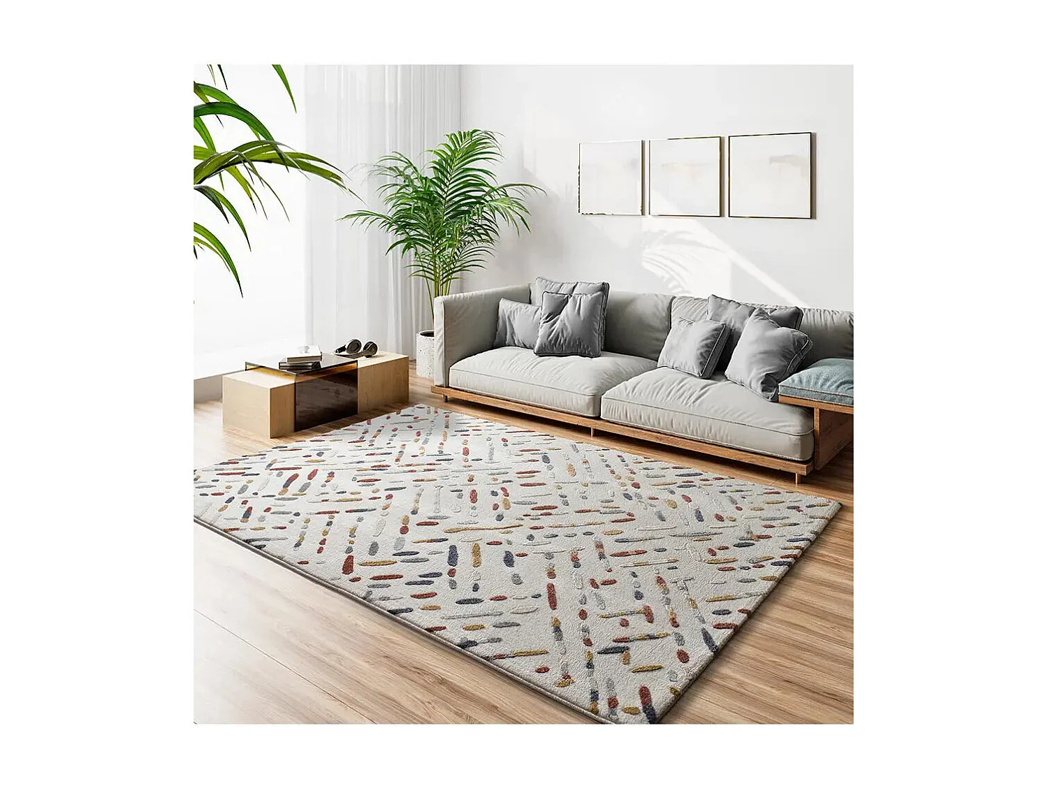 Alfombra interior  - geométrico con relieve - crema / multicolor - 80 x 150 cm - AMARA