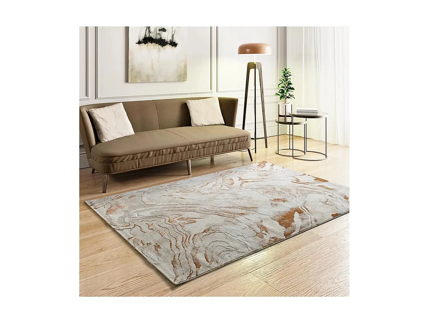 Tapis intérieur - abstrait avec relief - beige / rouille - 77 x 150 cm - KEOPS