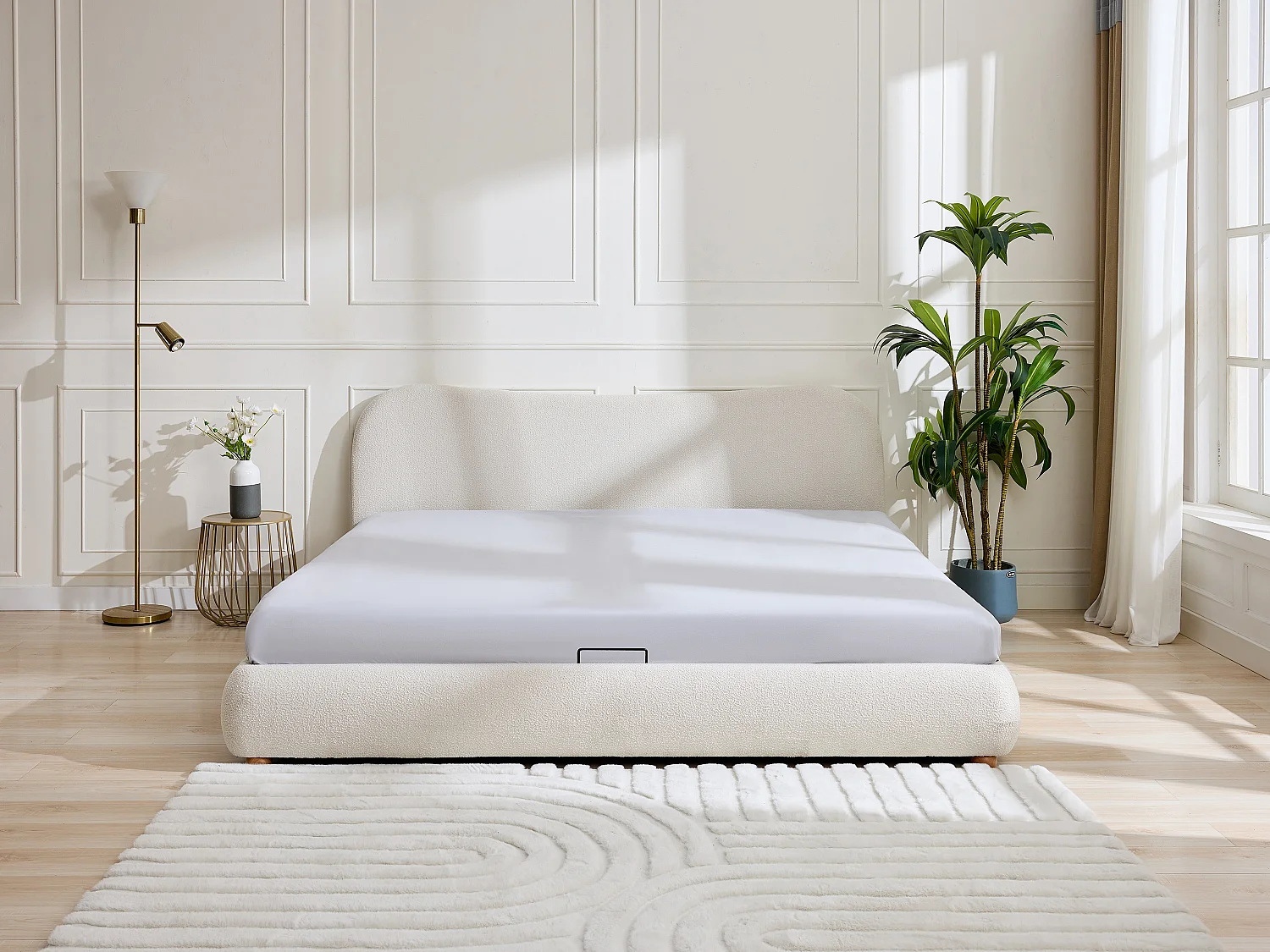 Lit coffre 200 x 200 cm - Tissu bouclette - Blanc + Matelas - VANARI