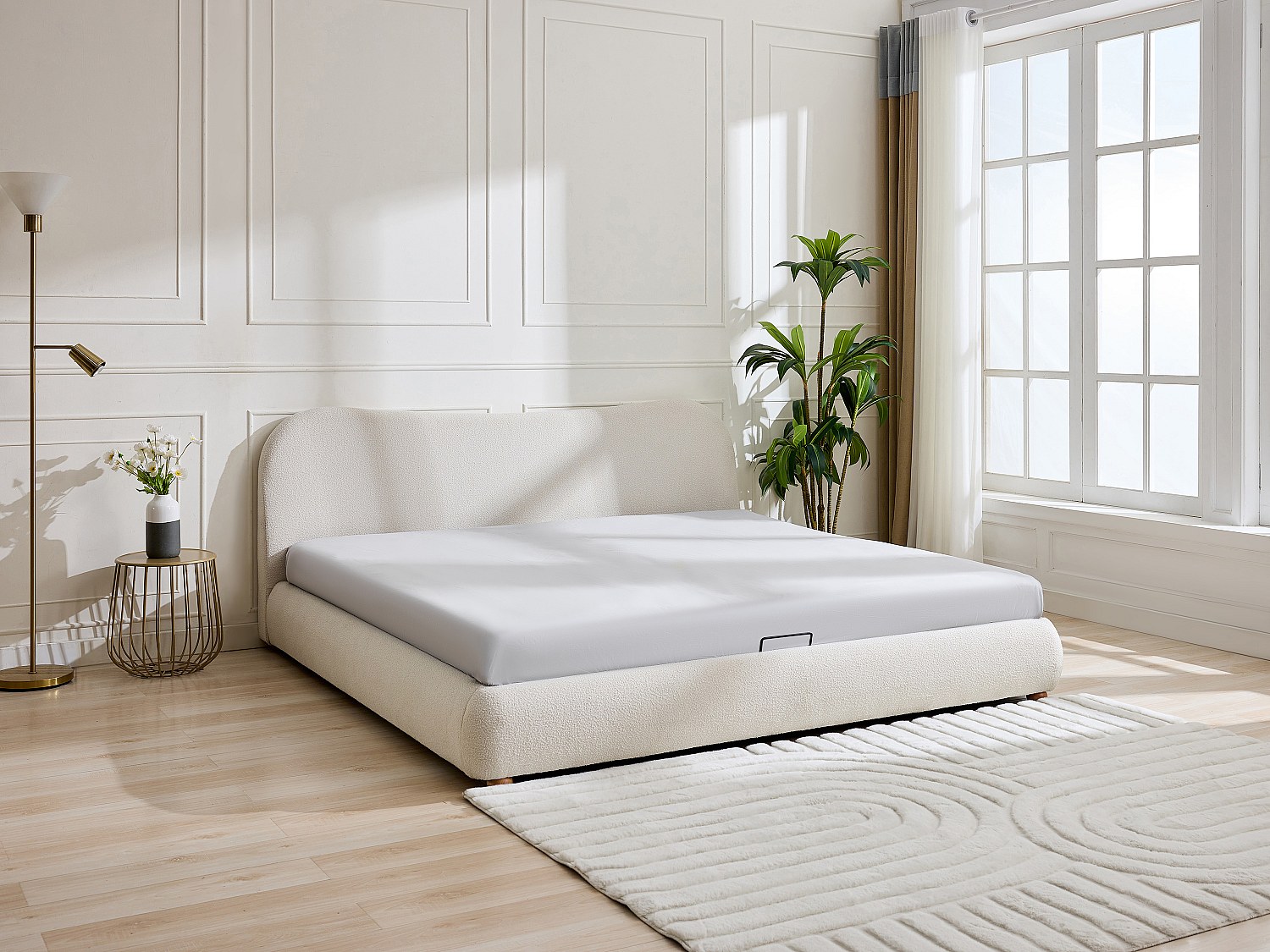 Vente-unique Bett Mit Bettkasten - 200 X 200 Cm - Bouclé-Stoff - Weiß - Vanari
