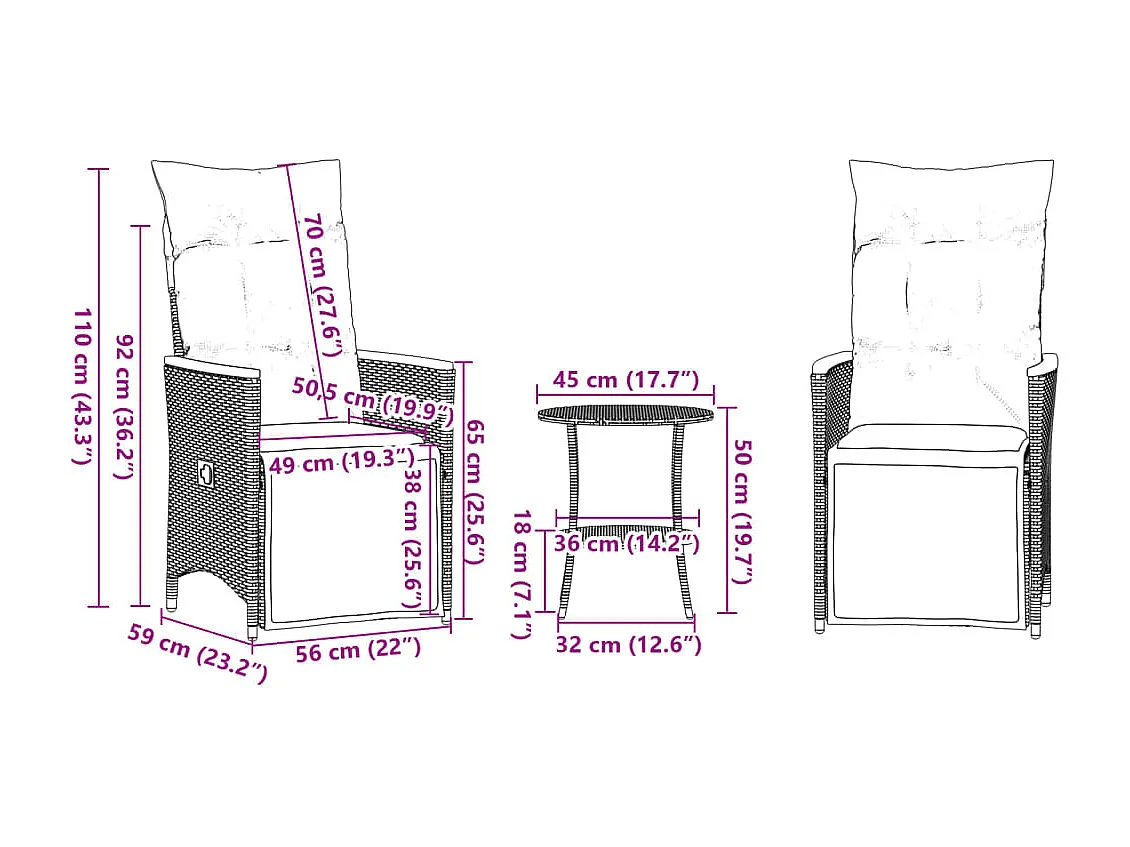 Mesita y sillas con cojines 3 piezas ratán sintético negro