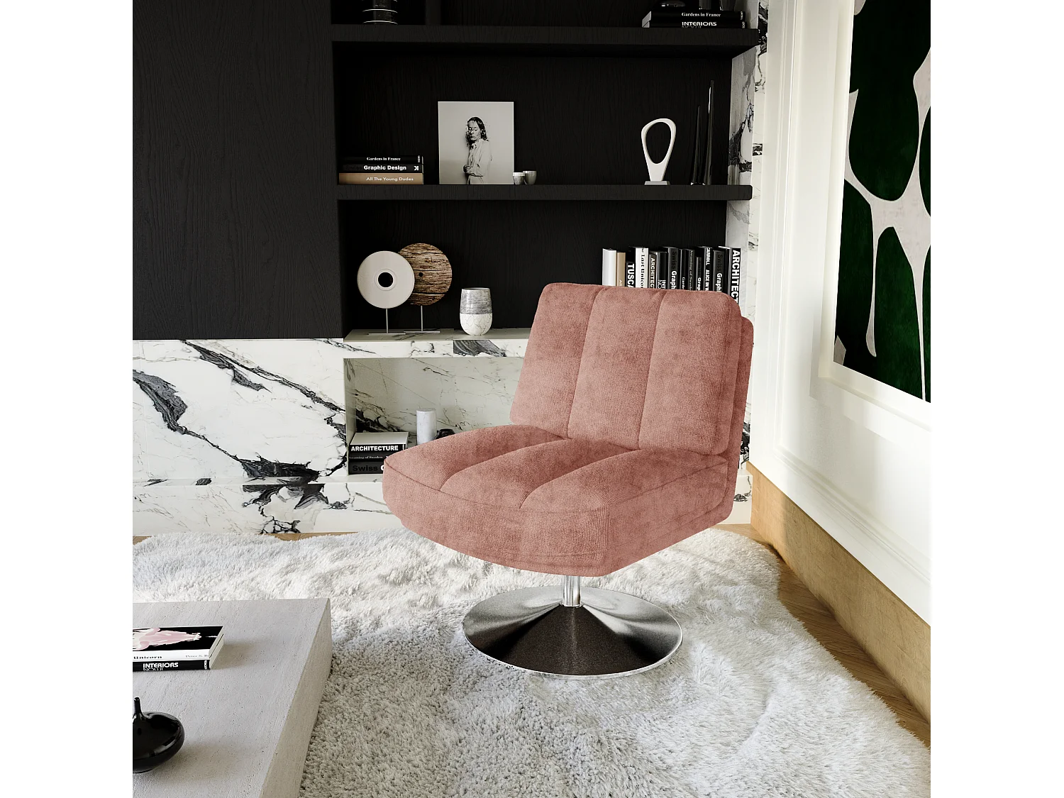 Fauteuil de salon pivotant pied chrome velours texturé rose vintage TIMELESS