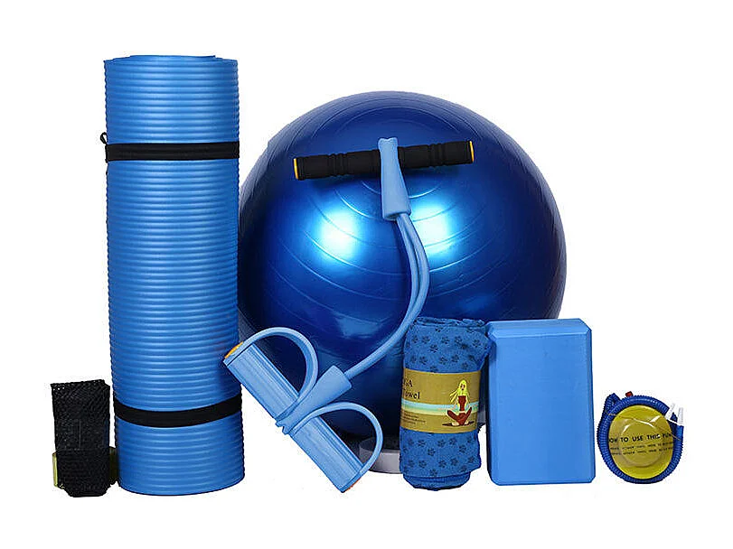 Kits de Yoga 5 en 1  .Modéle Yoga fit colorie Bleu inclus Tapis de yoga , serviette, balle de yoga, brique de yoga, fitness band,