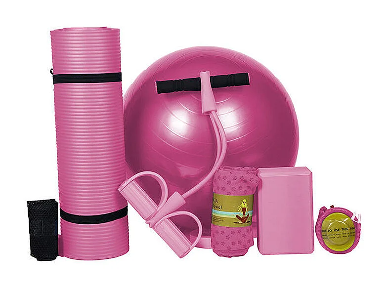 Kits de Yoga 5 en 1  .Modéle Yoga fit colorie Rose inclus Tapis de yoga , serviette, balle de yoga, brique de yoga, fitness band,