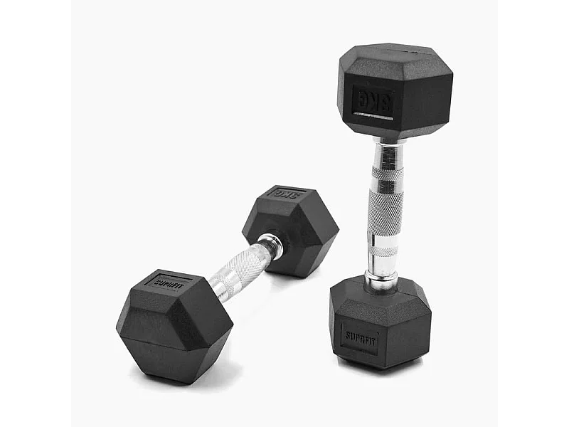 Paire d'haltères hexagonaux monobloc manche chromé et moleté  2x3Kg