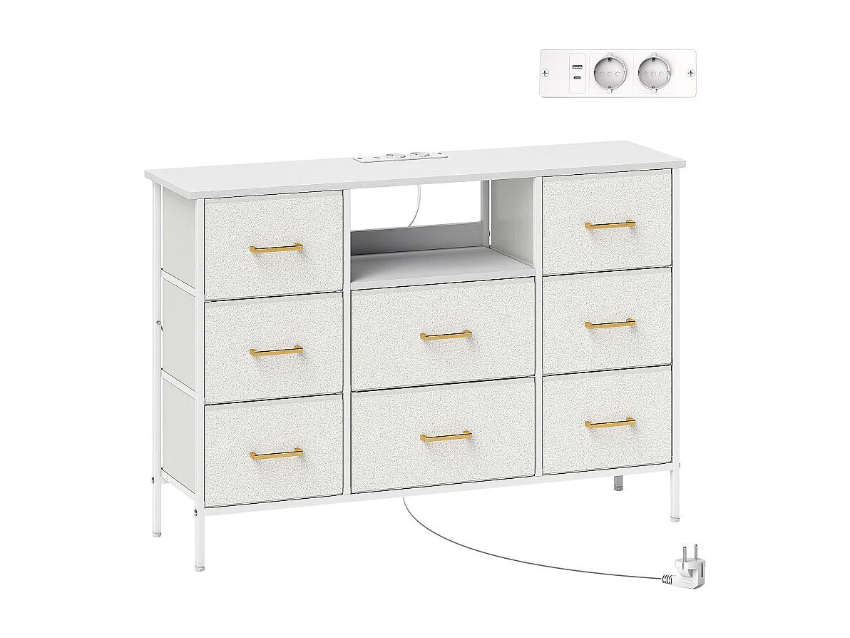 Commode 8 tiroirs design PINTEL effet bouclette blanc et doré