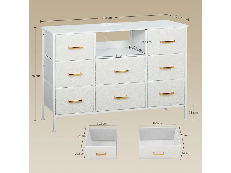 Commode 8 tiroirs design PINTEL effet bouclette blanc et doré