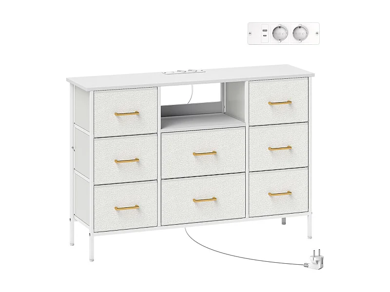 Commode 8 tiroirs design PINTEL effet bouclette blanc et doré