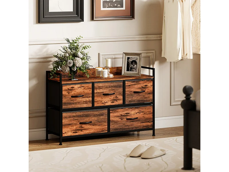 Commode 5 tiroirs DELGADA métal noir et aspect bois