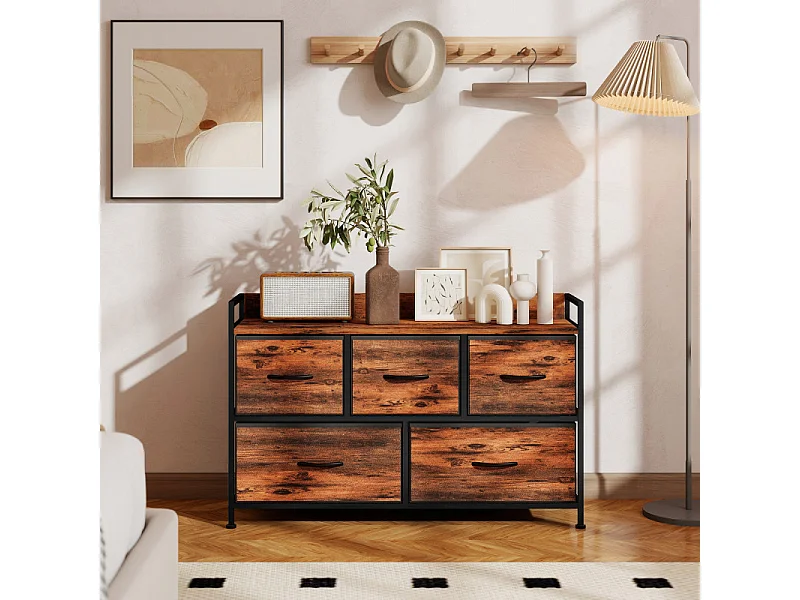 Commode 5 tiroirs DELGADA métal noir et aspect bois