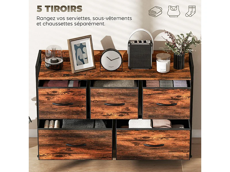 Commode 5 tiroirs DELGADA métal noir et aspect bois