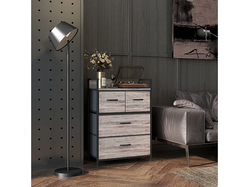 Commode 4 tiroirs PARLO acier noir et effet bois gris