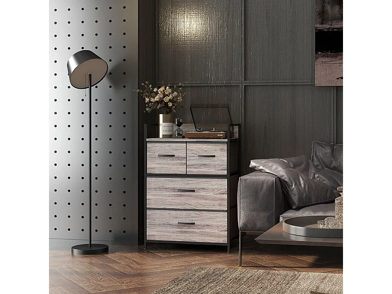 Commode 4 tiroirs PARLO acier noir et effet bois gris