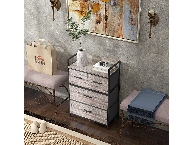 Commode 4 tiroirs PARLO acier noir et effet bois gris