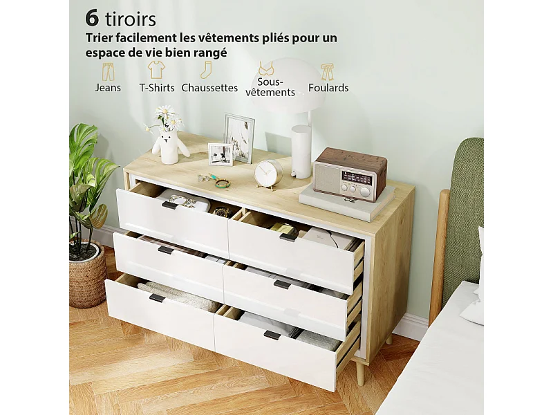 Commode nordique 6 tiroirs OUREM blanc laqué et aspect bois clair